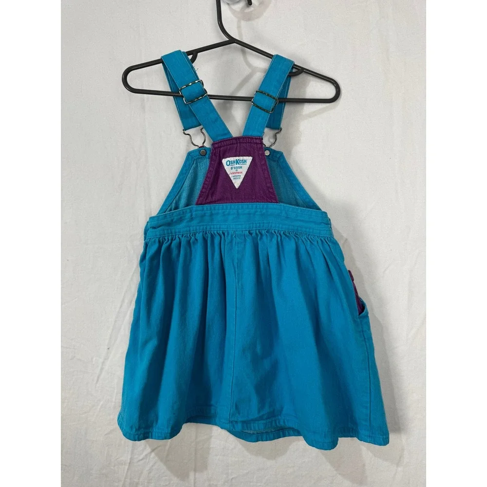 OshKosh B'gosh Vintage 90s Blue Purple Overall Dress Bird Patch Girls Size 5 USA